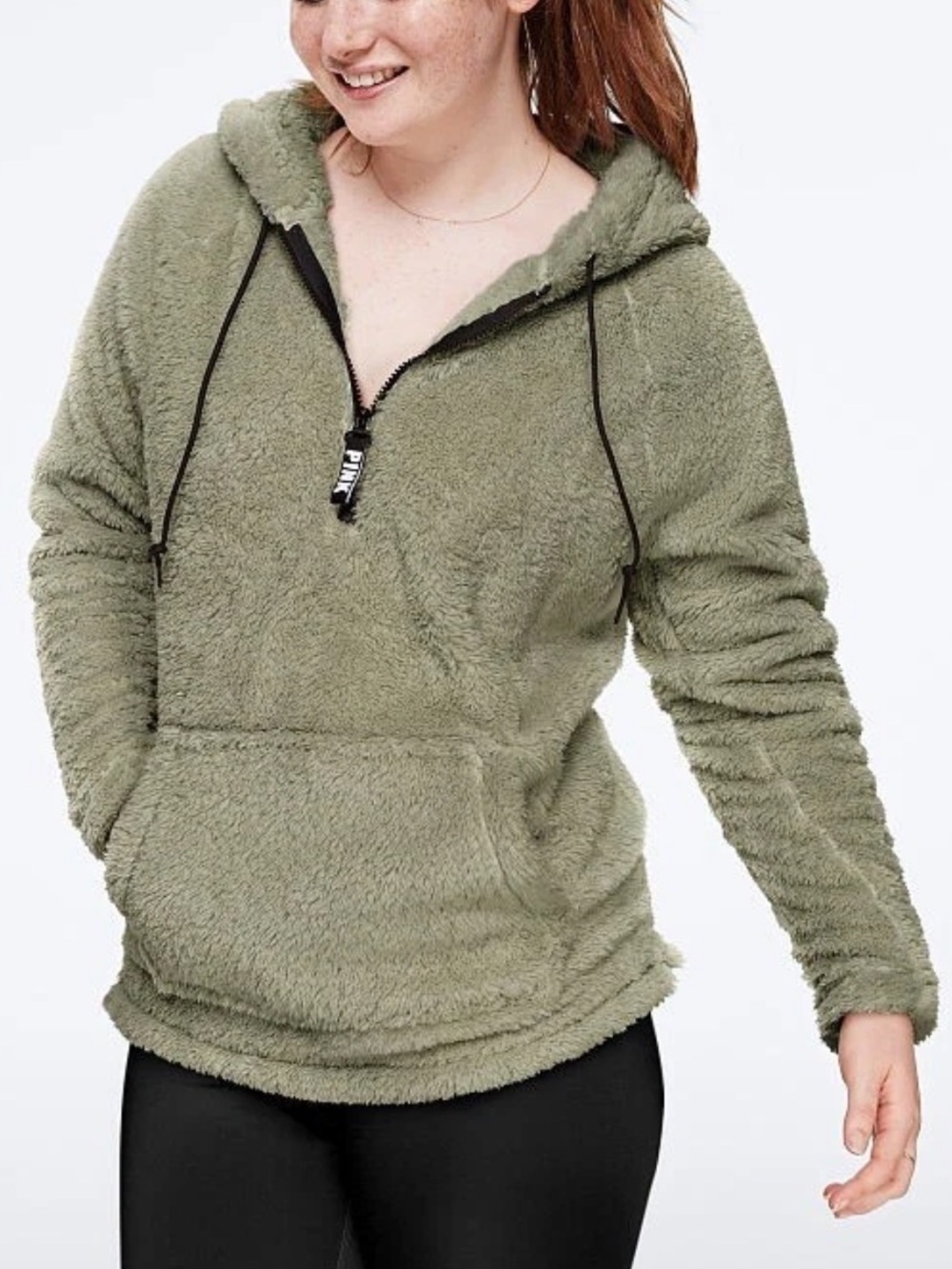 PINK Victoria's Secret Women’s Sage Green Sherpa Half-Zip Hoodie